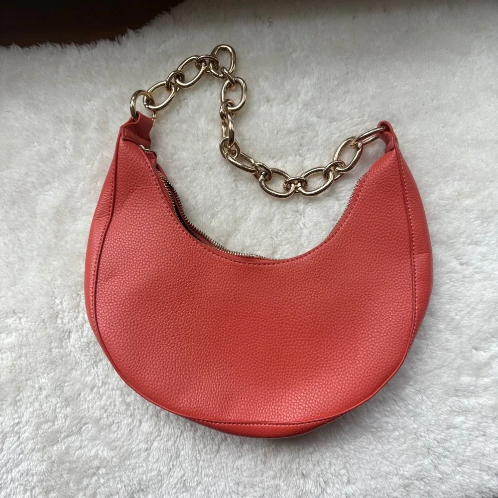 Forever 21 Coral Red Pebbled Vegan Leather Crescent Hobo Bag Gold Chain Handle